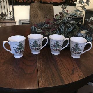 Set Of 4 Nikko Christmas Tree Happy Holidays 10 Oz Footed Coffee Cup Mugs
