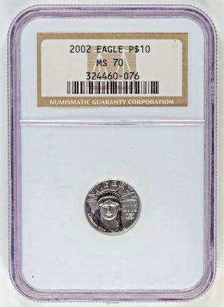2002 $10 Platinum 1/10 Oz Liberty American Eagle Ngc Ms 70