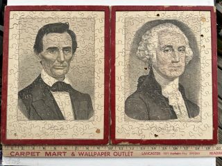 Vtg Wood Jigsaw Puzzles Currier Ives President George Washington Abraham Lincoln