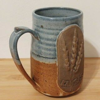 Kansas Wheat Tall Coffee Mug Blue Brown Stoneware Flint Hills Clay Pottery 3