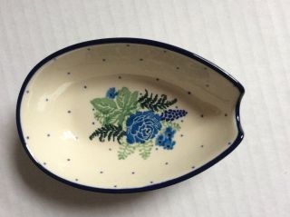C.  A.  Polish Pottery Spoon Rest - Blue & Green Floral -
