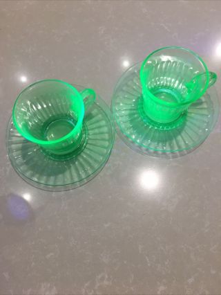 2 Vintage Uranium Depression Green Glass Tea Coffee Cup Cups