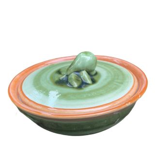 Mid Century John B Taylor Ceramic Pottery Green Swirl Harvest Pear Bowl W/ Cover