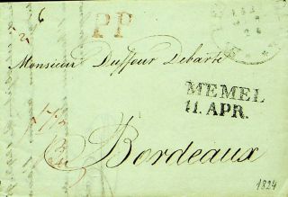 Lithuania 1824 Early Prestamp Entire Letter From Memel To Bordeaux France