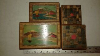 Vintage Japanese Yosegi Inlaid Wood Puzzle Box 4 Boxes Dice Bank Made In Japan
