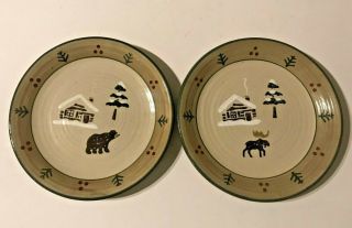 Set Of 2 Sonoma Home Lodge Stoneware 8 " Salad Plates - Winter Cabin Moose Bear
