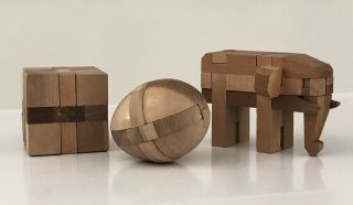 Vintage 1960’s Japanese Wooden Puzzle Toys Kumiki Set Of 3 Elephant,  Egg,  Box