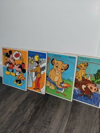 4 Vintage Playskool Wooden Puzzles Mickey,  Cinderella,  And 2 Lion King