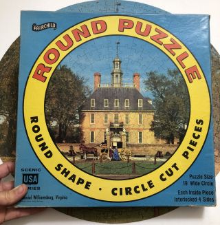 Vintage Fairchild 650,  Piece Round Jigsaw Puzzle 19” Colonial Williamsburg Va