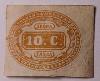 Italy 1863 10c Segnatasse Arancio No Gum.  (€2800 With Gum).  Sass 1b.  Flaws