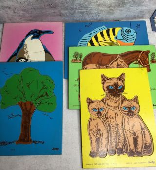 Five Judy Toys Vintage Wooden Puzzles Cats Horses Fish Penguins