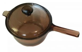 Vintage Vision Corning Ware 2.  5l Amber Large Saucepan Pot W/ Lid Made In Usa