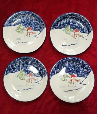 Set Of 4 Thompson Pottery China 10 " Cute Snowman Blue Speckles Dinner Plates