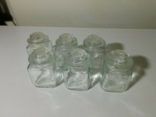 6 Vintage Anchor Hocking Small Glass Jars 2 1/8 " Square Glass Jars W Lids An