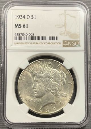 1934 - D Peace Dollar $1 - Ngc Ms61 - Rare Semi Key Date