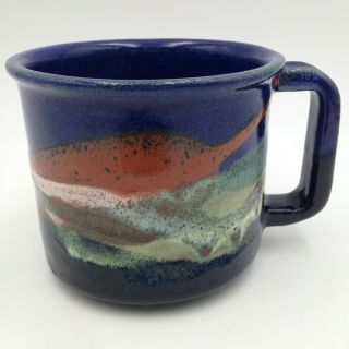 Studio Art Pottery Coffee Mug Drip Glaze Blue Green Orange Ceramic Earth Wrap