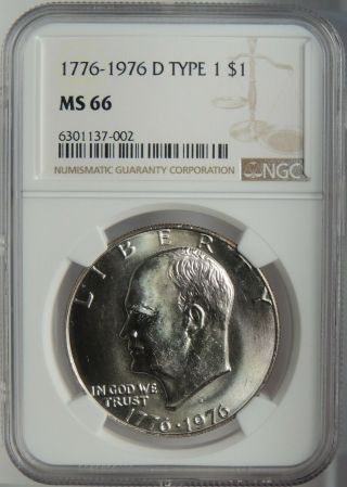 1976 - D $1 Ike Eisenhower Dollar Type 1 (clad) Gem,  Ngc Ms66 6301137 - 002
