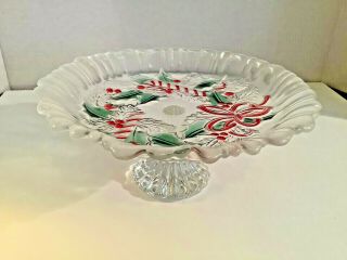 Mikasa Footed Bon Bon Dish Holiday Red Green Stained Glass Festive Wreath