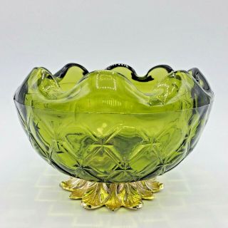 Vintage Green Glass Ruffled Bowl Trinket Dish Candy Gold Metal Leaf Base 6 X 4