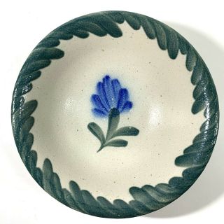 Salmon Falls Stoneware Pottery 7 " Bowl Salt Glaze Blue Flower Green Border