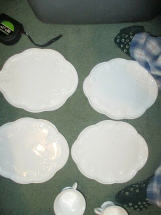 Set Of 8 Vintage White Milk Glass Snack Plates And Cups Grape Pattern Farmhouse