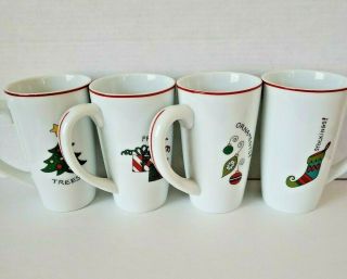 Fitz And Floyd Gourment Happy Holidays Coffee Mugs Set Of 4 Tall Latte Christmas