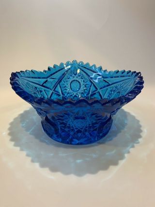 Vintage Cut Glass Starburst Pattern Table Bowl Blue - Mid Century