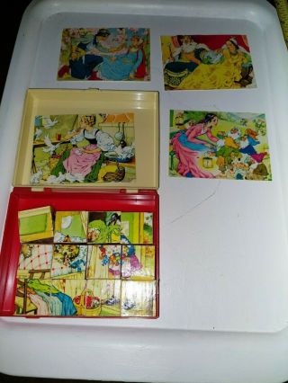 Vtg Snow White & 5 Fairy Tales Wood Block Cube Puzzle W Box Pictures W.  Germany