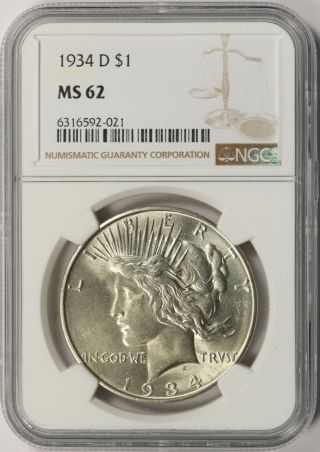 1934 - D Peace Dollar $1 Ngc Ms62