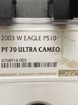 Platinum $10 Bullion 2003 (w) Est Point) Ngc Pf70 Ultra Cameo