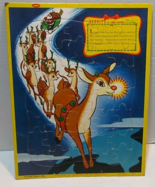 1960s Jaymar Rudolph The Red Nosed Reindeer Pulling Sleigh Frame Tray Puzzle