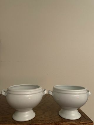 Crate & Barrel White Porcelain Footed Soup Bowl Double Handles (set Of 2)