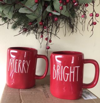 2 Rae Dunn By Magenta Merry Bright Red Christmas Holiday Ceramic Mugs Ll Bnwt