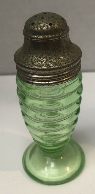 Vintage A.  Hocking Green Depression Glass Ribbed Beehive Salt Shaker 3.  75 "