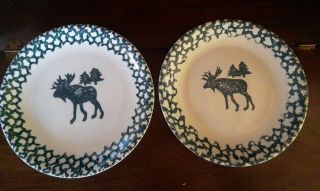 Set Of 2 Moose Country Folk Craft By Tienshan Green Sponge 10 1/2 " Dinner Plates