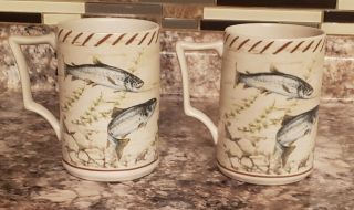 2 Lenox Riverwood Salmon By Catherine Mcclung Coffee Tea Cup Mug Fisherman Gift