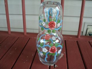 Vintage Hand Painted Tumble Up Bedside Carafe & Water Glass Set Roses / Flowers.
