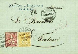 Switzerland 1867 2v On Rare Early Issue Cover Bale To Toulouse France W/ Pd Cach