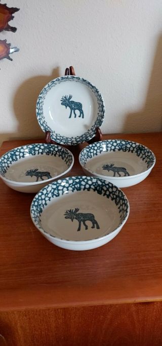 Set Of 4 Cereal / Soup Bowls Folk Craft Moose Country By Tienshan 6.  5 " / 1 7/8 "