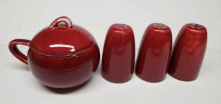 Paden City Pottery Maroon Burgundy Sugar Bowl W/ Lid & Salt & Pepper Shakers,  1
