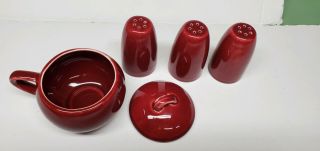 Paden City Pottery Maroon Burgundy Sugar Bowl w/ Lid & Salt & Pepper Shakers,  1 2
