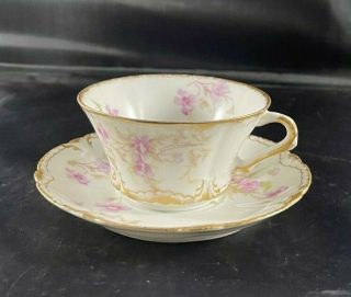 Vintage Theodore Haviland Limoges France Tea Cup & Saucer Floral With Gold Gild