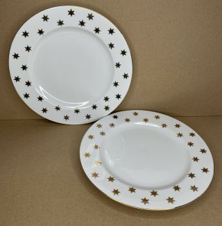 American Atelier 10.  5” Dinner Plates Party Time White Gold Stars & Rim Set Of 2