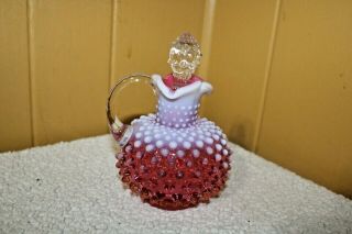 Rare Fenton Cranberry Opalescent Hobnail Pitcher Cruet With Stopper 6 1/2 " Tall