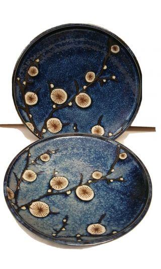 Set 2 World Market Pottery Cherry Blossom Blue 7.  5 " Salad Plates Japan Stoneware