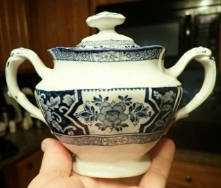Flow Blue & White Wood & Sons Khotan Sugar Bowl 2 Handles England Semi Porcelain