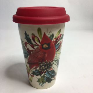 Lenox Winter Greetings Cardinal Ceramic Travel Mug Red Silicone Top Pre - Owned