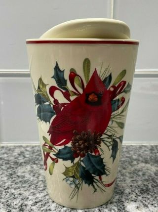 Lenox Winter Greetings Porcelain Top Travel Mug 870607 Red Cardinal