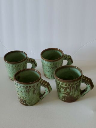 Frankoma Pottery Mayan Aztec Prairie Green 7c Mugs Cups Set Of 4