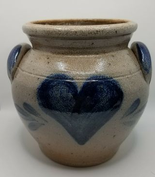 Rowe Pottery Salt Glazed Two Handled Crock With Blue Heart 5 Inches Tall Guc